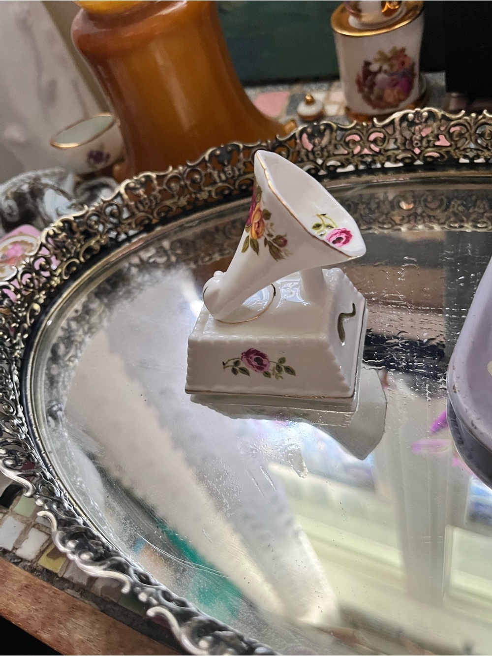 Bone China Mini Gramophone Figurine with Rose Decals - White